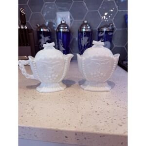 Westmoreland Milk Glass Beaded Grape Cherry Covered Creamer & Sugar Mid Century